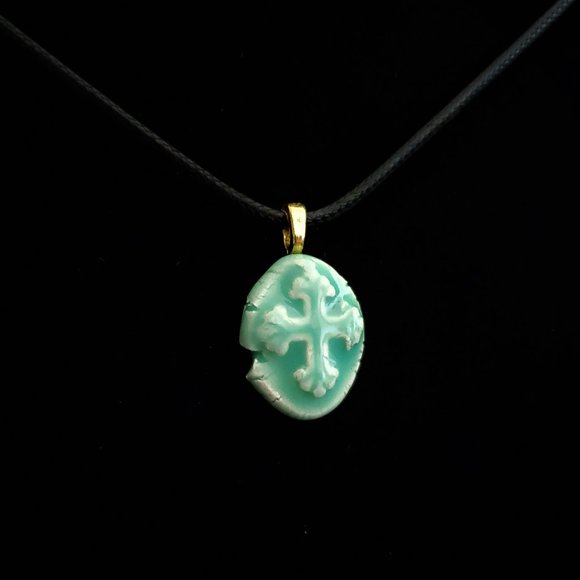 Handmade Ceramic Aqua Green Fleur De Lis Cross Pendant Necklace - Picture 2 of 14